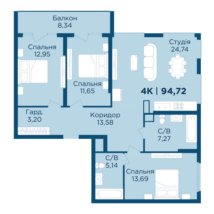 Планування квартири: 4 кімнати · будинок 4 · 94,72 м²