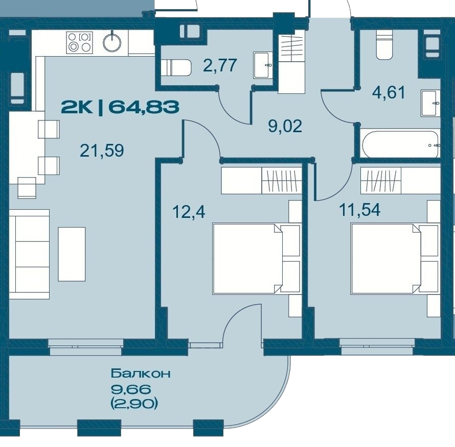 Планування квартири: 2 кімнати · секція 2 · 64,83 м²