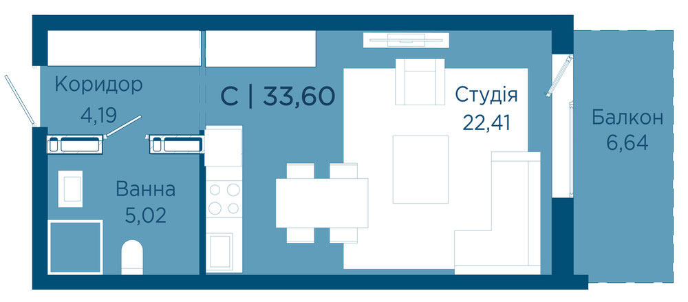 Планування квартири: Студія · будинок 6 · 33,60 м²