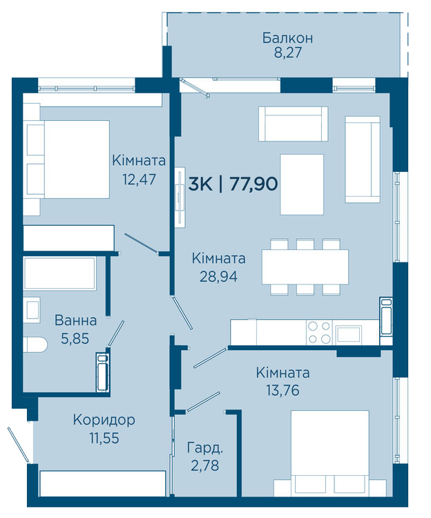 Планування квартири: 3 кімнати · будинок 6 · 77,90 м²